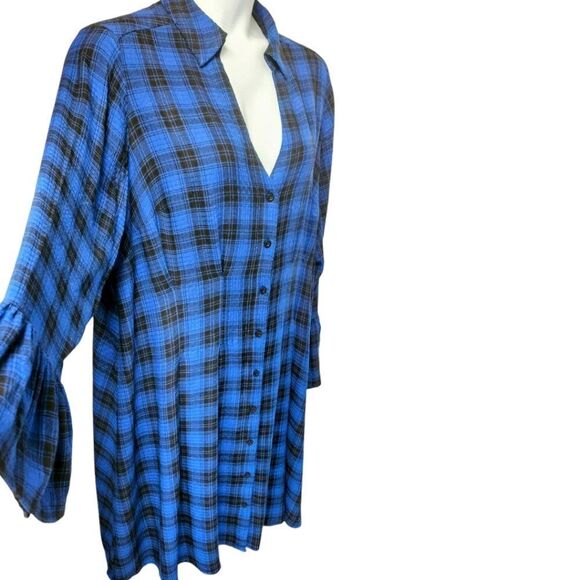TORRID MINI GAUZE Long Bell Sleeve Royle Blue & Black Plaid Mini Dress 2X - Picture 3 of 14